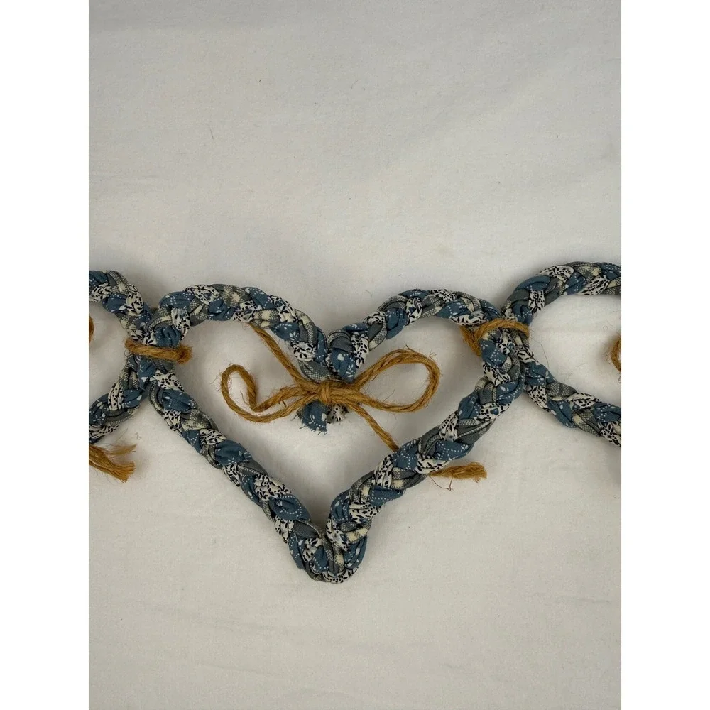 Handmade Braided Fabric Heart Garland Blue White Calico‎ Farmhouse Decor 19 Inch